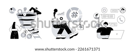 E-marketing abstract concept vector illustration set. Marketing funnel, tag management, customer support, product cycle, data collection, analytic software, online chat, help center abstract metaphor.