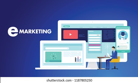 E-Marketing Concept - Can Use For Marketing Campaign, Business, U-tube, Website, Blog, Mobile, Commercial, Editorial, And Others. Vector.