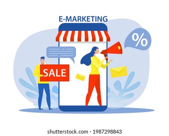 e-marketing Concept Woman use megaphone or bullhorn on screen of laptop phone digital promotion or online advertisement  flat  vector illustration. 
