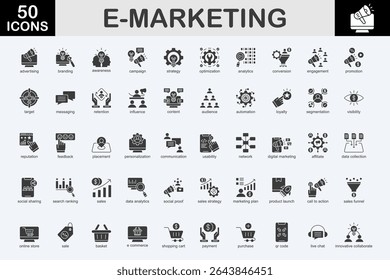 E-marketing glyph icon set. Covers advertising, branding, awareness, campaign, strategy, optimization, analytics, conversion, engagement, promotion, and more. Simple vector illustration.