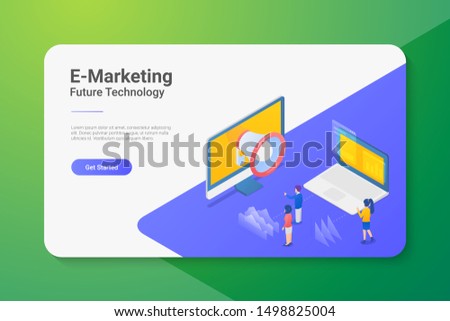 E-marketing internet web technology Isometric Flat vector illustration. Computer and Laptop notebook with people standing 3d view.