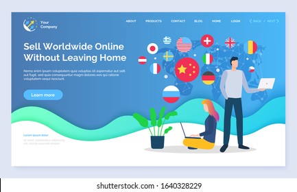 Emarketing and trades around world. Worldwide orders, selling products to any country. Dropshipping and ecommerce of freelancers. Partners working from home on business project, website page vector