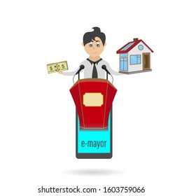 e-mayor holding a home and cash vector