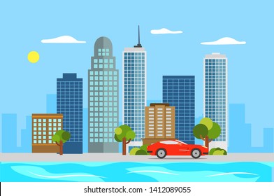 Embankment of a big city with skyscrapers and buildings, vector illustration. For advertisement, banners, web, posters and cards