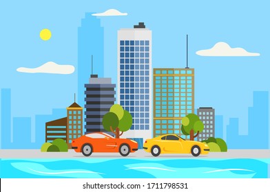 Embankment of a big city with skyscrapers and buildings, vector illustration. For advertisement, banners, web, posters and cards