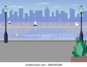 Embankment flat color vector illustration. Bridge over river in city. Metropolis over waterfront. Modern panoramic downtown. Sea town 2D cartoon cityscape with skyline on background