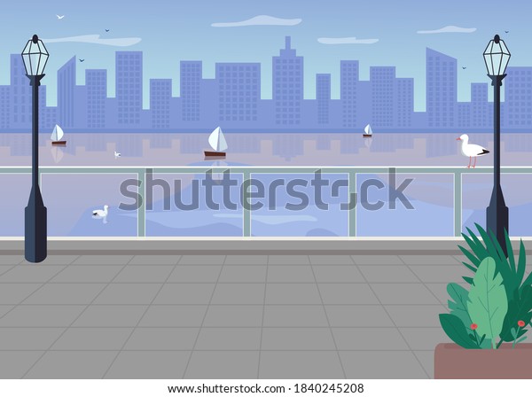 Embankment
flat color vector illustration. Bridge over river in city.
Metropolis over waterfront. Modern panoramic downtown. Sea town 2D
cartoon cityscape with skyline on
background
