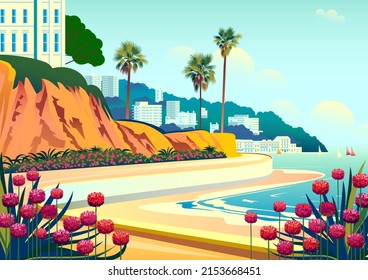 Embankment landscape with a view of the resort, yachts and the sea. Handmade drawing vector illustration.