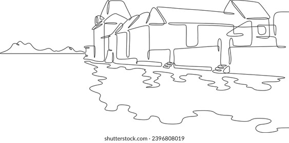 Embankment. Old town on the river bank. Reflection in the water. City landscape. One continuous line drawing. Linear. Hand drawn, white background. One line.