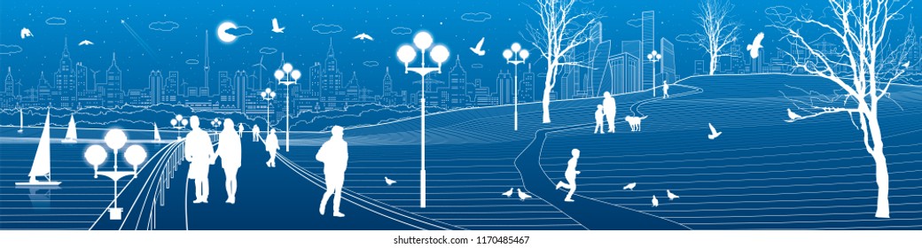 Сity embankment. People walk along the sidewalk. Evening illuminated park. Kids are playing. Birds are flying. Modern night town on background. Vector design art