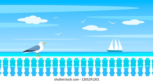 Embankment with a seagull and seascape on the horizon a ship. flat vector illustration