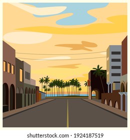 embankment street turning into the beach, against the backdrop of palm trees and sunset
