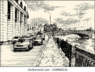Embankment urban view of the city street with buildings, bridge and cars. Summer day black and white hand drawing with pen and ink. Sketch style.
