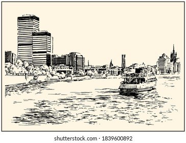 Embankment urban view of the city street with buildings and river boat. Summer day black and white hand drawing with pen and ink. Sketch style.
