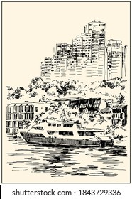 Embankment urban view of the city street with buildings and river boat. Summer day black and white hand drawing with pen and ink. Sketch style.
