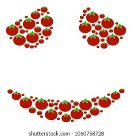 Embarassed Smile collage of tomato vegetables in various sizes. Vector tomato elements are united into embarassed smile illustration. Vegetable vector design concept.