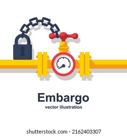 Concepto de embargo. Bloquear con una cadena en un grifo cerrado de la tubería. Canalización de gas entre países. Sanciones para el combustible y los recursos energéticos. Diseño plano de ilustración vectorial. Aislado sobre fondo blanco.