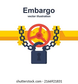 Concepto de embargo. Bloquear con una cadena en un grifo cerrado de la tubería. Canalización de gas entre países. Sanciones para el combustible y los recursos energéticos. Diseño plano de ilustración vectorial. Aislado sobre fondo blanco.