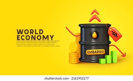 Embargo on oil. Creative concept world economy. Oil industry business news, price charts. financial investments. Exchange shares per barrel. Realistic 3d design. Yellow background. Vector illustration