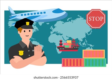 Embargo. Policeman and world map. Vector simple color flat illustration.