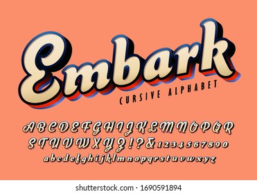 Embark cursive alphabet; This bold script alphabet has a heavy weight, 3d shadow effects, and curly tips. Good font for strong headlines and logos.