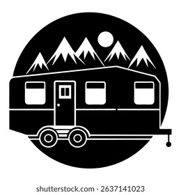 Embark on an adventure with this striking black and white silhouette of a campervan traversing the mountains under a watchful moon, all elegantly framed in a circle.
