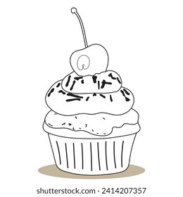 Embark on a delightful journey with this black-and-white cupcake coloring illustration. Brimming with cuteness, intricate details, and delicious charm, it invites you to unleash your creativity