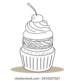 Embark on a delightful journey with this black-and-white cupcake coloring illustration. Brimming with cuteness, intricate details, and delicious charm, it invites you to unleash your creativity