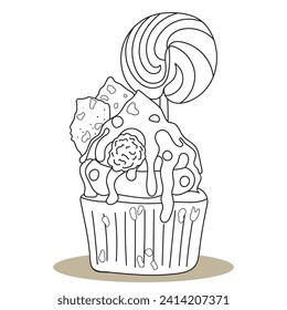 Embark on a delightful journey with this black-and-white cupcake coloring illustration. Brimming with cuteness, intricate details, and delicious charm, it invites you to unleash your creativity
