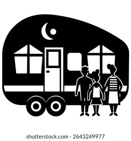 Ga op familieavontuur met deze prachtige zwart-witvectorillustratie. Met een gezin dat zich voorbereidt op een kampeerreis met hun camper onder een serene maanverlichte nacht