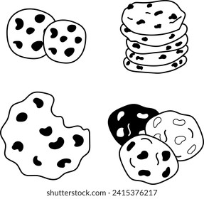 Embark on a journey of classic monochrome baking with this illustration of chocolate chip cookies in black and white vector lineart. Perfect for culinary designs.