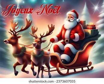 Embark on a magical journey with this Christmas illustration: Santa Claus in his sleigh full of gifts, accompanied by two companion reindeer. An encha