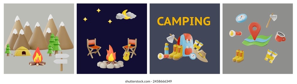 Embark on an outdoor excursion with this 3D icon vector set, displaying a campsite, night sky, and various camping equipment for an immersive nature experience.