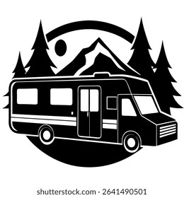 Embark on an unforgettable adventure with this striking black and white vector icon. Featuring a stylized camper van traversing a majestic mountain and forest landscape.