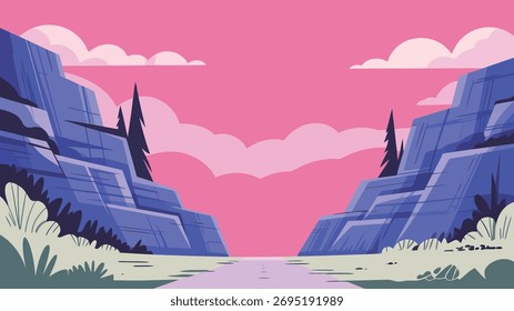 Embark on a visual journey through this stylized landscape, featuring striking purple mountains against a dreamy pink sky. Ideal for projects needing a unique, modern, and vibrant touch.