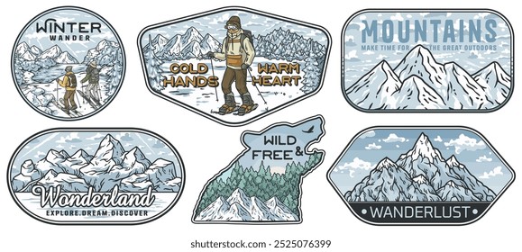 Embark on a winter adventure with vintage outdoor patches of snowy mountain landscapes. Perfect for winter sports enthusiasts seeking a touch of nostalgia