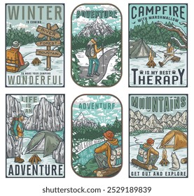 Embárcate en una aventura de campamento de invierno con coloridos logotipos vintage de excursionistas en montañas nevadas y exuberantes bosques, evocando la pasión por los viajes y la libertad en el desierto