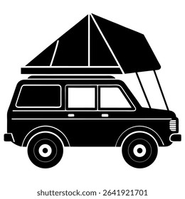 Embark on your next adventure with this striking black and white vector illustration of a camping car! Featuring a campervan with a rooftop tent,