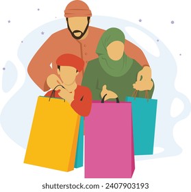 Embarking Eid shopping spree with the family Concept, Chand Raat Shopping scene vector design, Ramadan and Eid al-Fitr Symbol, Islamic and fasting Sign, Arabic holidays celebration stock illustration