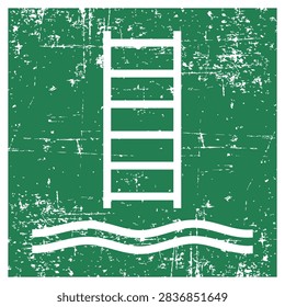 Embarkment ladder, ISO 7010 E053 Safe Condition Evacuation Sign, Distressed Grunge Texture, Weathered Worn Safety Pictogram, Green Evacuation Fire Warning Symbol
