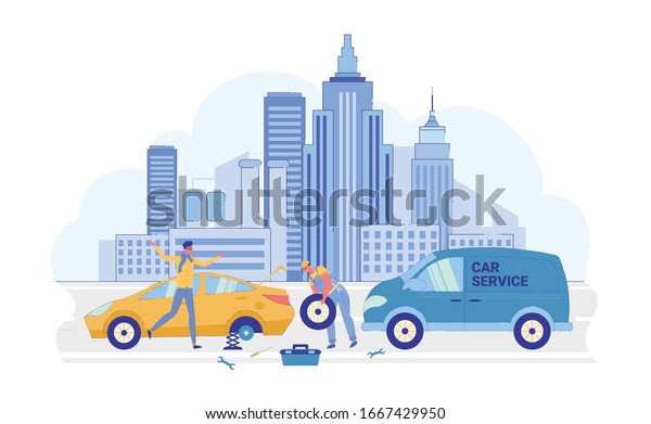Embarrasded Man\
Talking to Repairman Changing Wheel in Car on Road Flat Cartoon\
Vector Illustration. Worker in Uniform Repairing Automobile with\
Tools or Equipment. Car Service\
Vehicle.