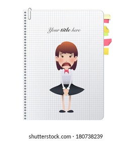 Embarrased Businesswoman Printed Over Notebook. Vector Design