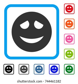 Embarrased Smiley icon. Flat grey pictogram symbol inside a blue rounded rectangular frame. Black, gray, green, blue, red, orange color versions of Embarrased Smiley vector.