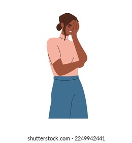 Embarrassed ashamed woman in frustration. Person hiding face with facepalm gesture. Female character forgot, failed, feeling shame, guilty. Flat vector illustration isolated on white background