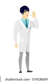 Embarrassed asian doctor calling for help. Full length of doctor in medical gown calling for help. Doctor in trouble calling for help. Vector flat design illustration isolated on white background.