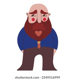 An embarrassed bald dwarf with red cheeks, a brown beard, braided with a gold hairpin. Vector illustration for packaging, greeting cards and wrapping paper, gifts, posters