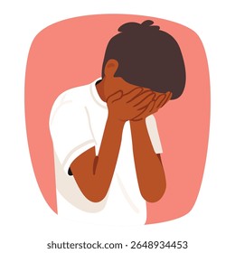 Embarrassed boy child cartoon character covering face with palms hiding emotions bubble portrait design. Worried unhappy preschool male kid feeling confused under emotional stress vector illustration