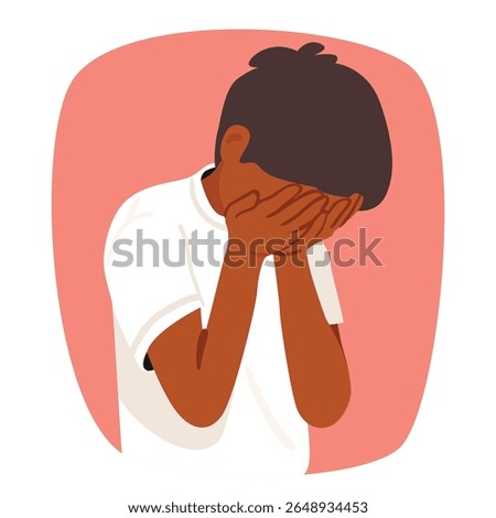 Embarrassed boy child cartoon character covering face with palms hiding emotions bubble portrait design. Worried unhappy preschool male kid feeling confused under emotional stress vector illustration