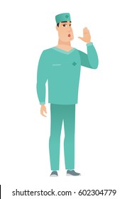 Un médico caucásico avergonzado pidiendo ayuda. Duración completa del médico de uniforme que pide ayuda. Doctor en problemas pidiendo ayuda. Ilustración de diseño plana vectorial aislada en fondo blanco.