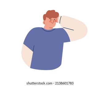 Embarrassed confused person blushing. Shy anxious man feeling ashamed, turning red. Uncertain guy with shame, shyness, confusion emotions. Flat vector illustration isolated on white background